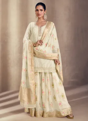 Cream Golden Floral Embroidery Gharara Style Suit