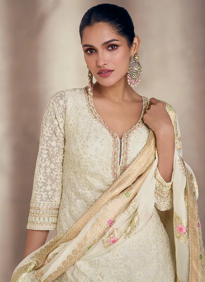 Cream Golden Floral Embroidery Gharara Style Suit