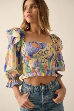 Dainty Dew Smocked Floral Puff-Sleeve Peasant Top