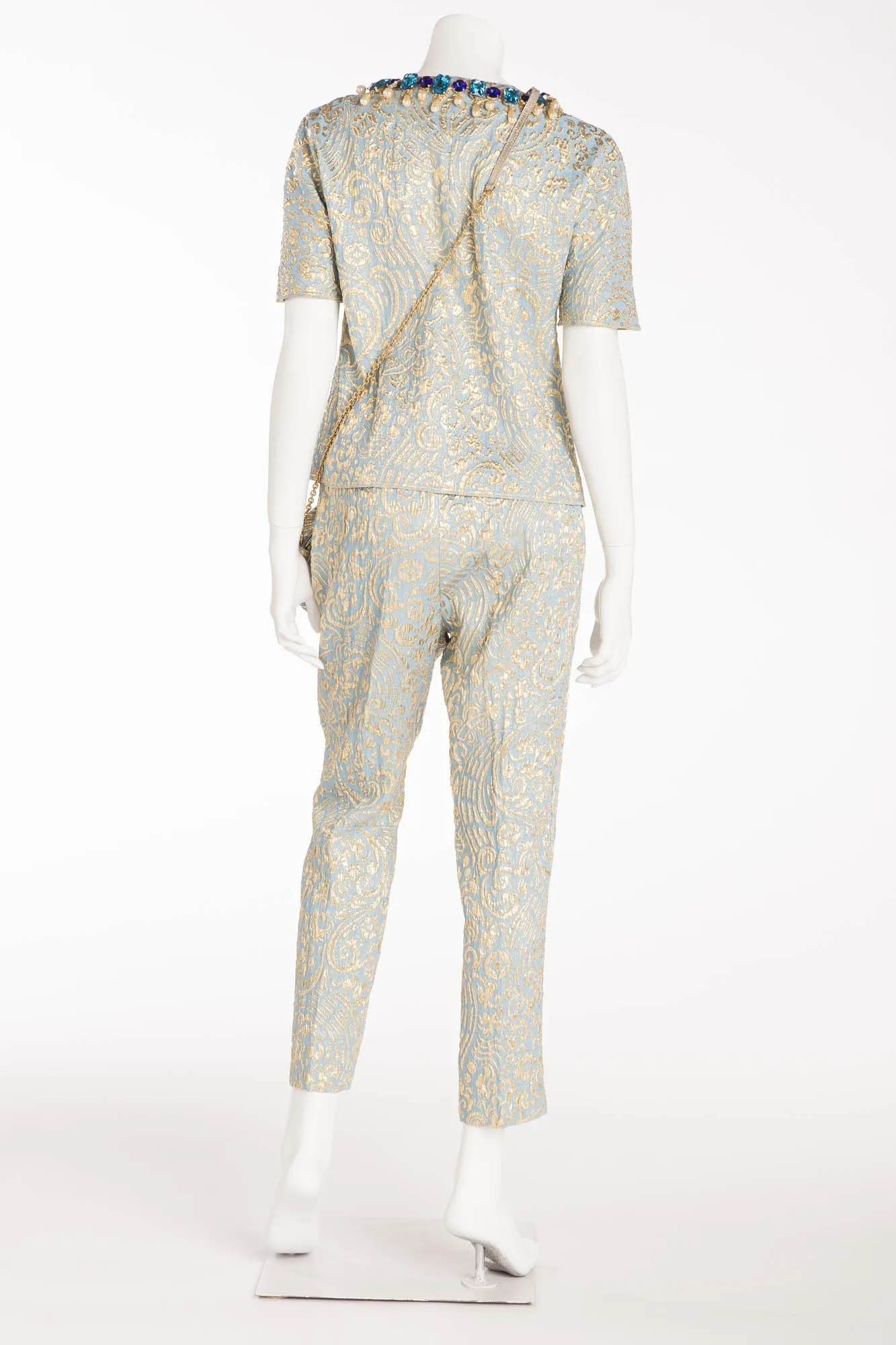 Dolce & Gabbana - 3PC Blue and Gold Short Sleeve Button Up Top with Embellished Neckline, Pants and Purse - IT 42