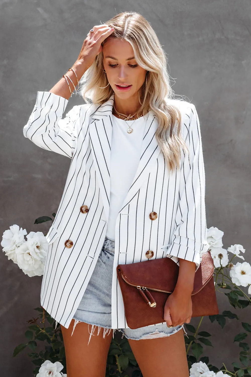 Double Breasted Pocketed Striped Blazer