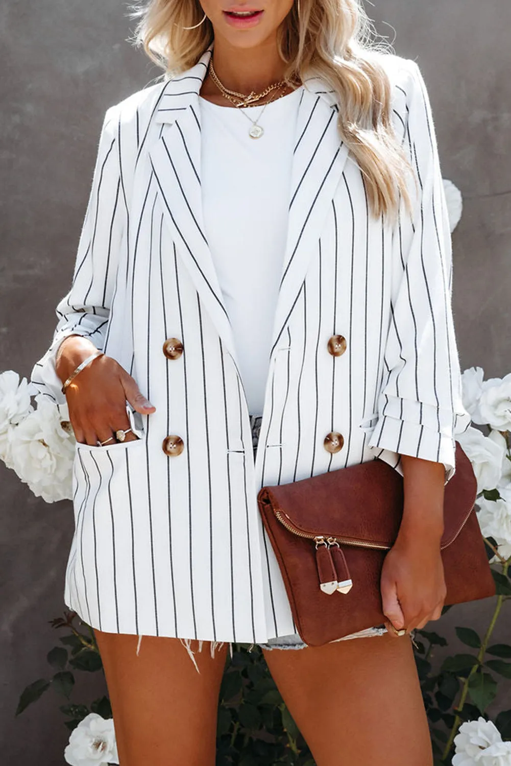 Double Breasted Pocketed Striped Blazer