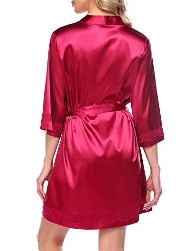 Ekouaer Silk Robes for Women Satin Lingerie Kimono Bride Robe with Lace Bathrobe Short Lightweight Wedding Gown