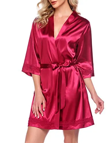 Ekouaer Silk Robes for Women Satin Lingerie Kimono Bride Robe with Lace Bathrobe Short Lightweight Wedding Gown