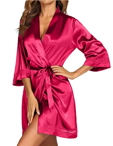 Ekouaer Silk Robes for Women Satin Lingerie Kimono Bride Robe with Lace Bathrobe Short Lightweight Wedding Gown