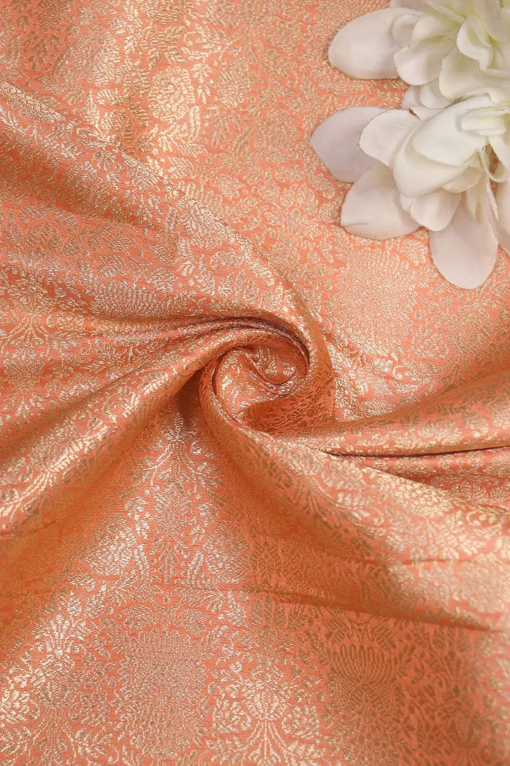 Elegant Peach Banarasi Pure Katan Silk Brocade Fabric (1.5 Mtr)