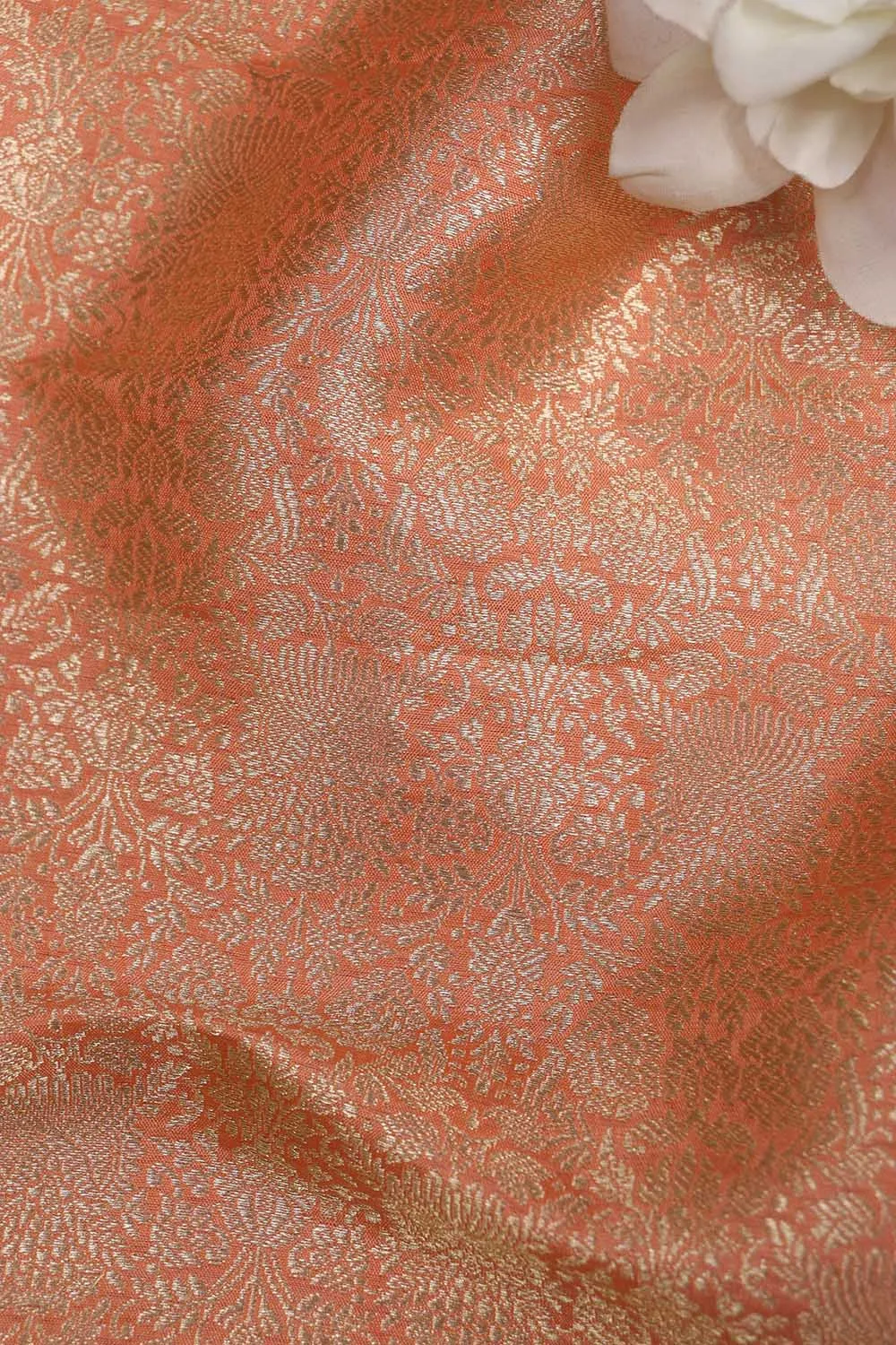 Elegant Peach Banarasi Pure Katan Silk Brocade Fabric (1.5 Mtr)