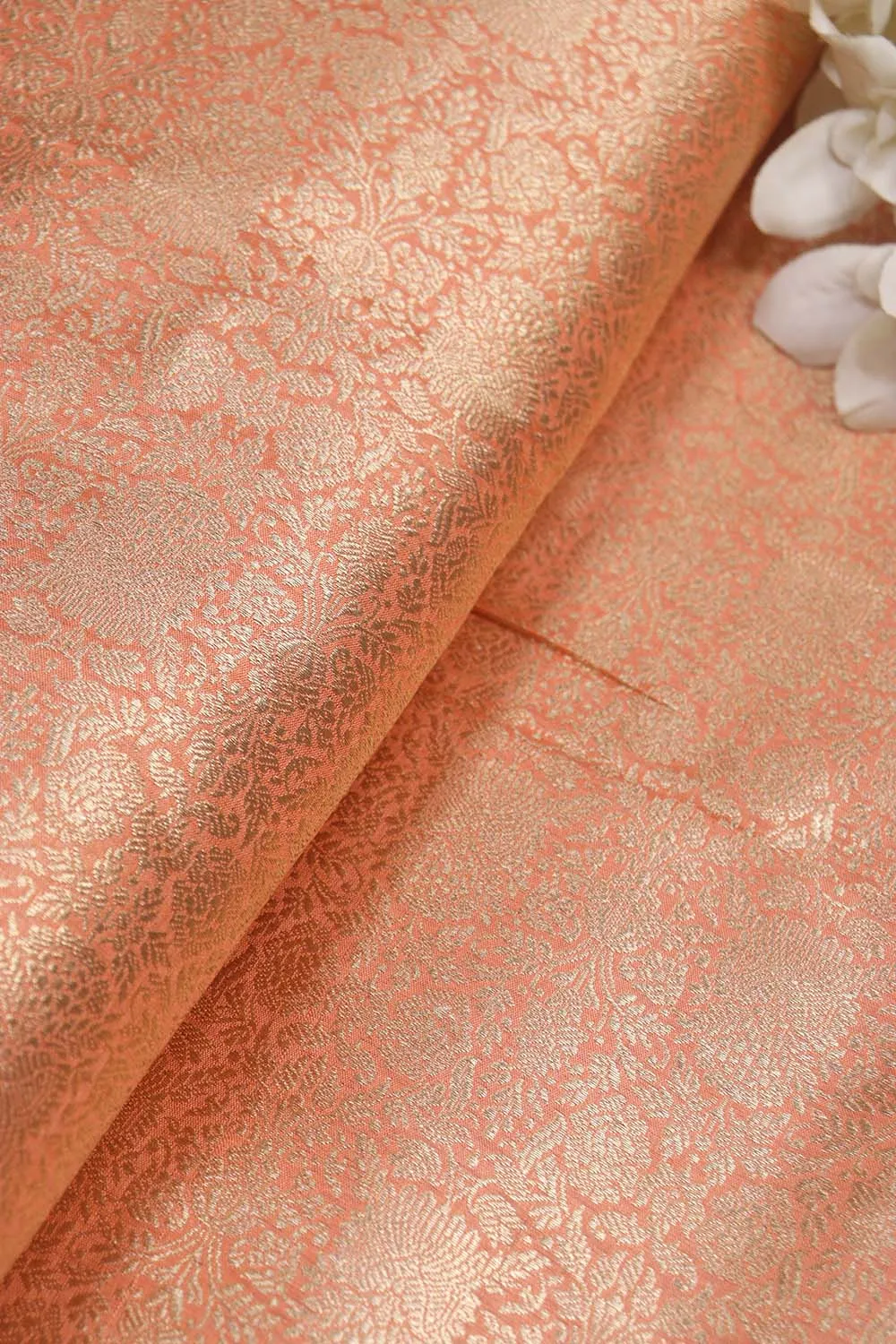 Elegant Peach Banarasi Pure Katan Silk Brocade Fabric (1.5 Mtr)