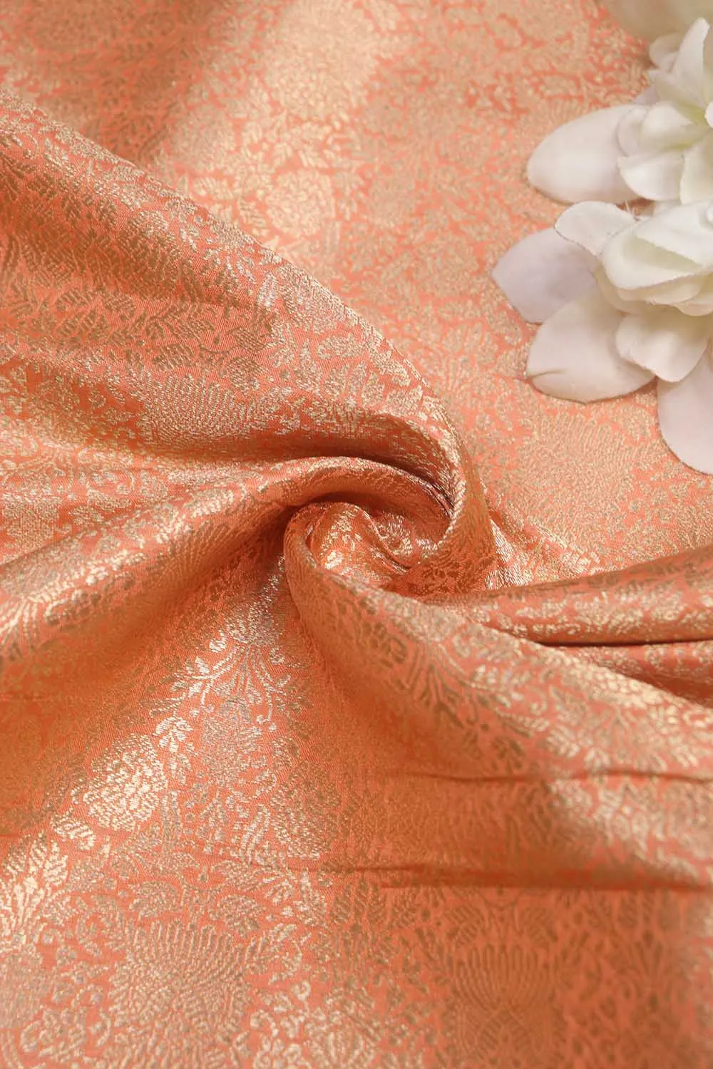 Elegant Peach Banarasi Pure Katan Silk Brocade Fabric (1.5 Mtr)