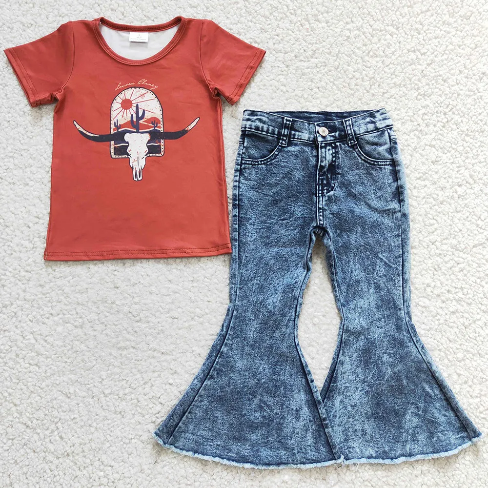 Fashion Girls Clothing Boutique Denim Bell Bottom Outfits Kids Jeans Set GSPO0399