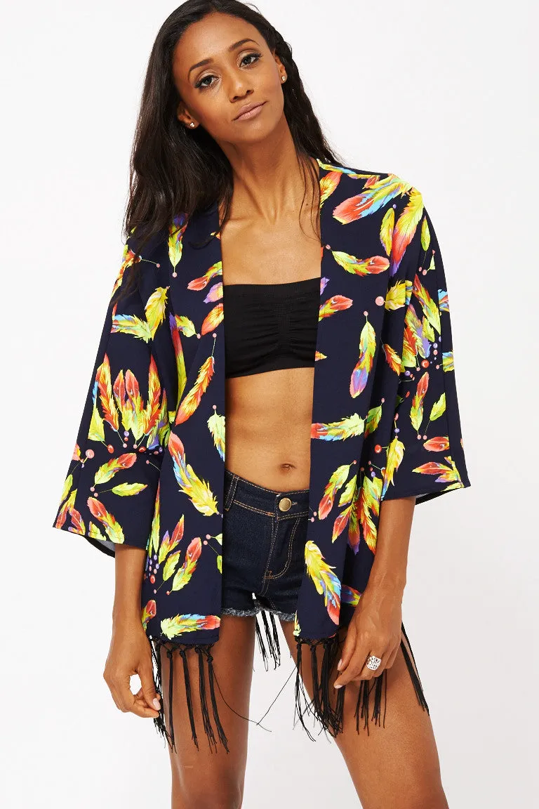 Feather Print Fringed Kimono