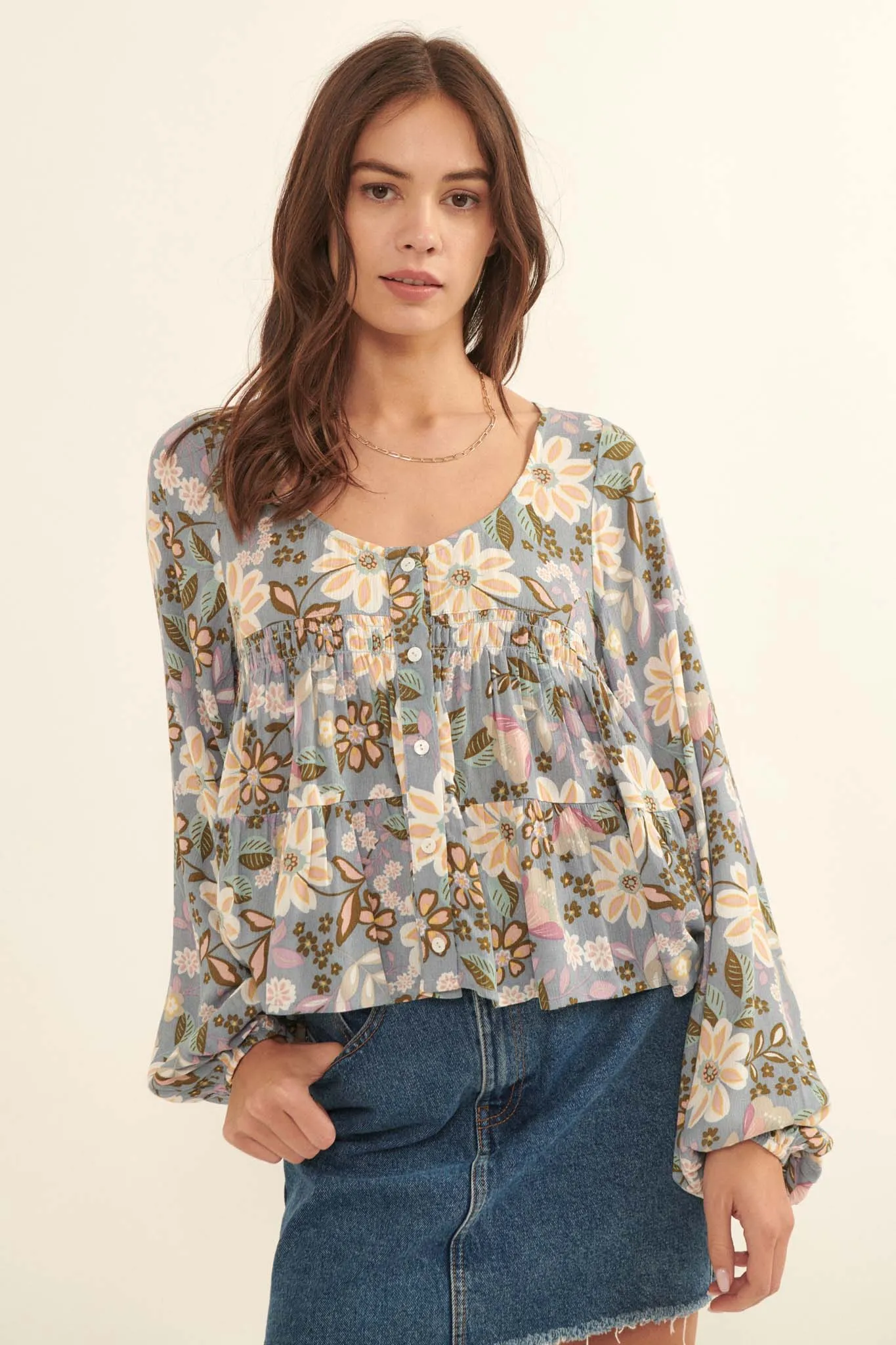 Flashy Flowers Floral Babydoll Peasant Top