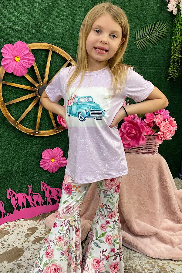 Floral bell bottom pants 7 truck printed 2pcs girl set DLH2437