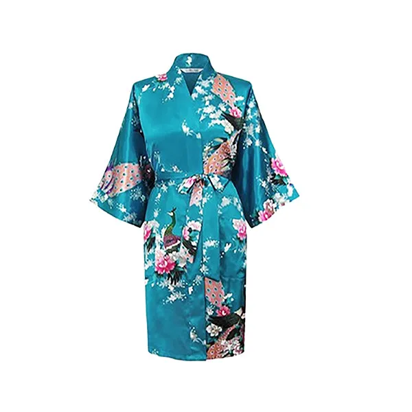 Floral Bride and Bridesmaid Robes, Blue-White, 2T-38 Womens Plus, Satin, MidLength