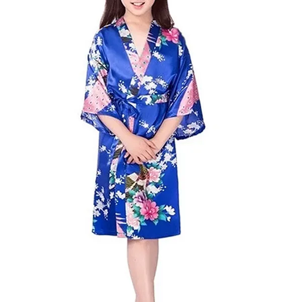 Floral Bride and Bridesmaid Robes, Blue-White, 2T-38 Womens Plus, Satin, MidLength