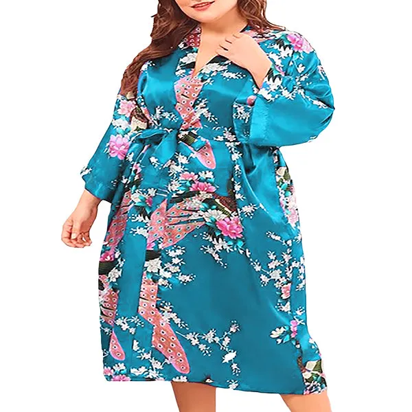 Floral Bride and Bridesmaid Robes, Blue-White, 2T-38 Womens Plus, Satin, MidLength