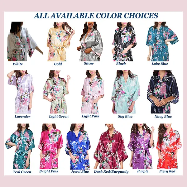 Floral Bride and Bridesmaid Robes, Blue-White, 2T-38 Womens Plus, Satin, MidLength