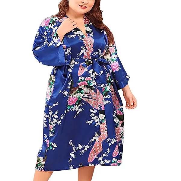 Floral Bride and Bridesmaid Robes, Blue-White, 2T-38 Womens Plus, Satin, MidLength