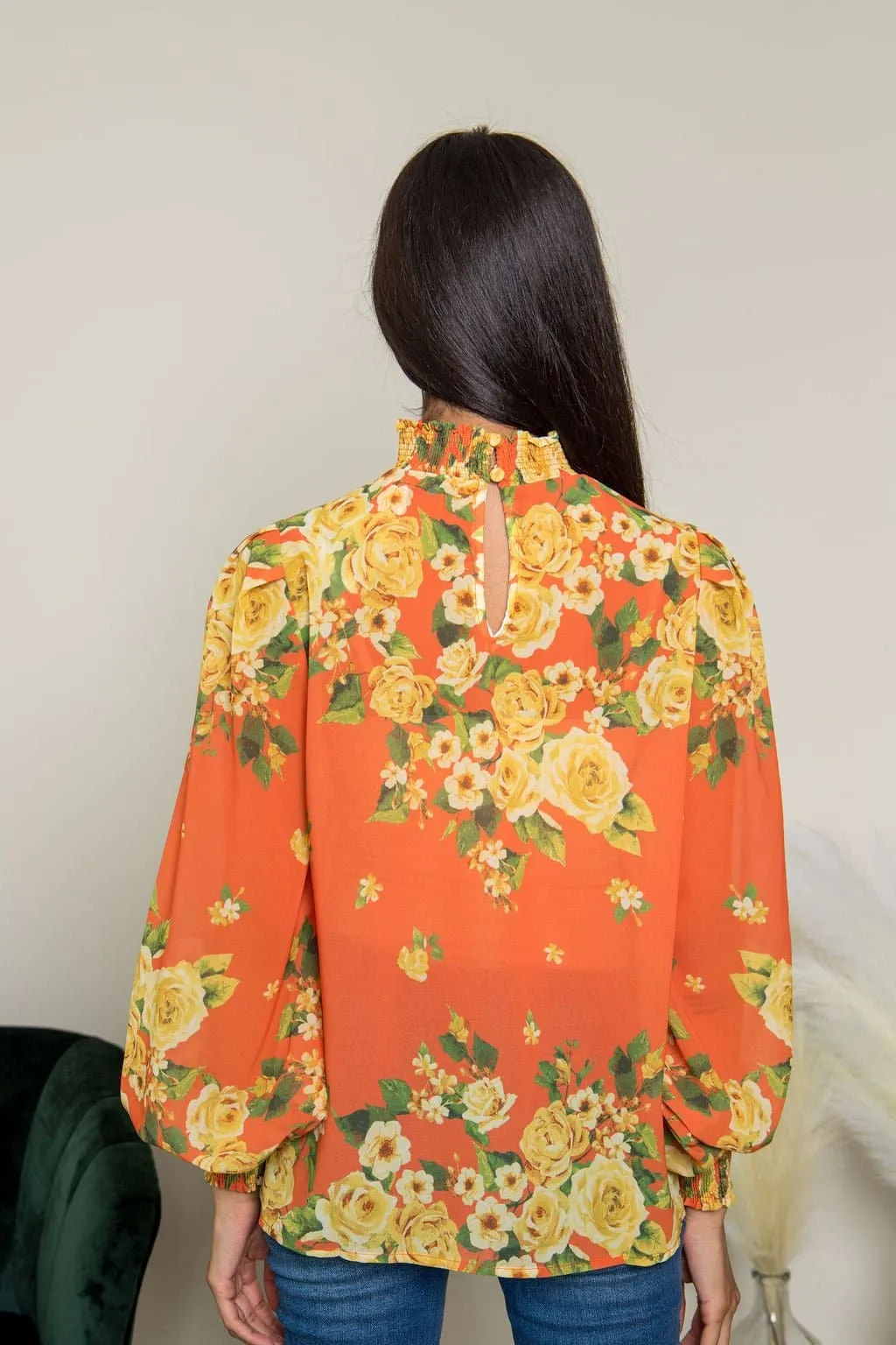 Floral Fantasy Mock Neck Blouse- Orange