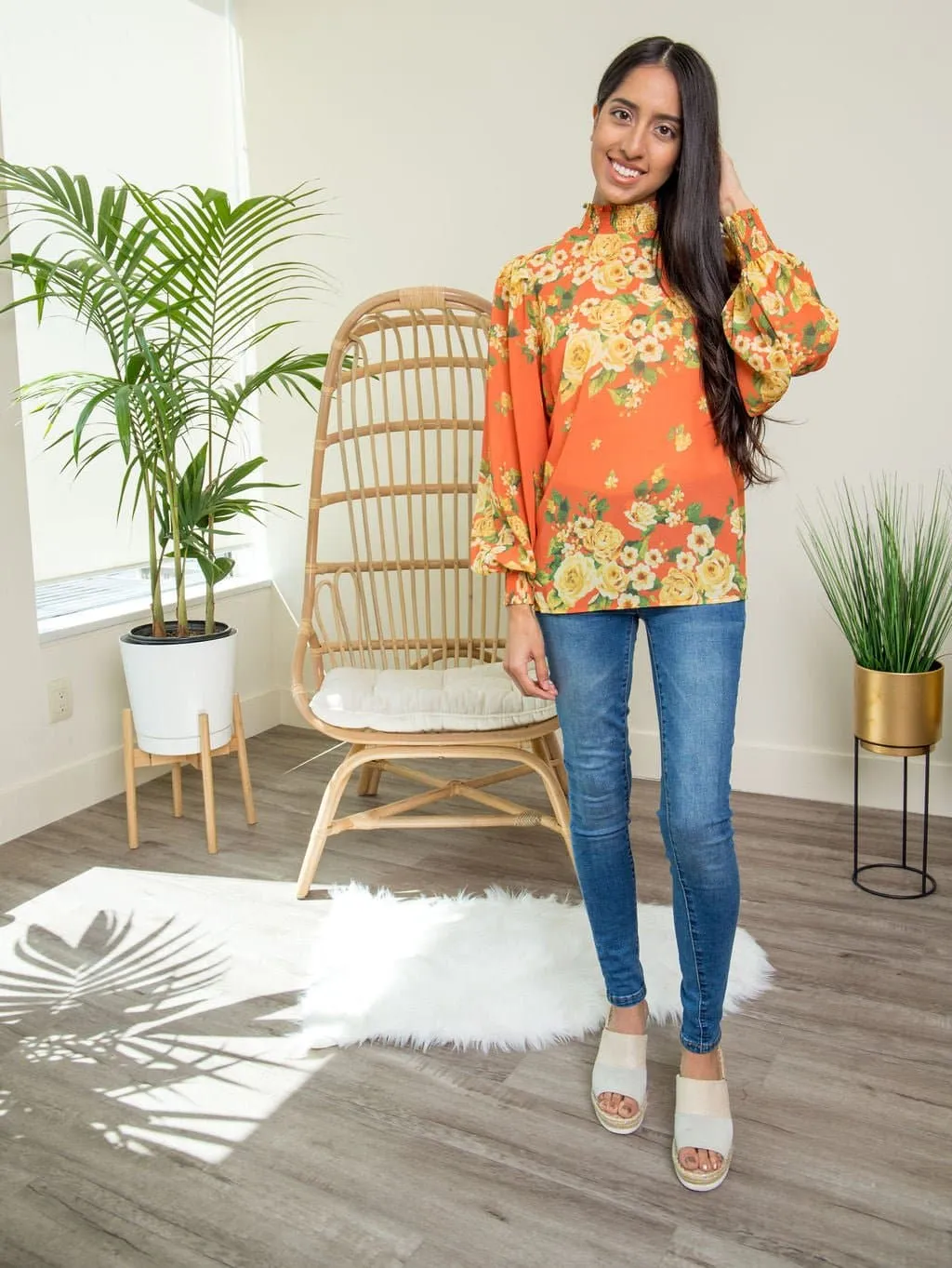 Floral Fantasy Mock Neck Blouse- Orange