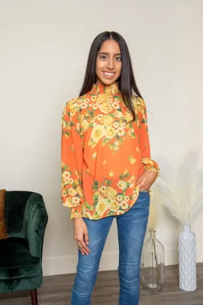 Floral Fantasy Mock Neck Blouse- Orange