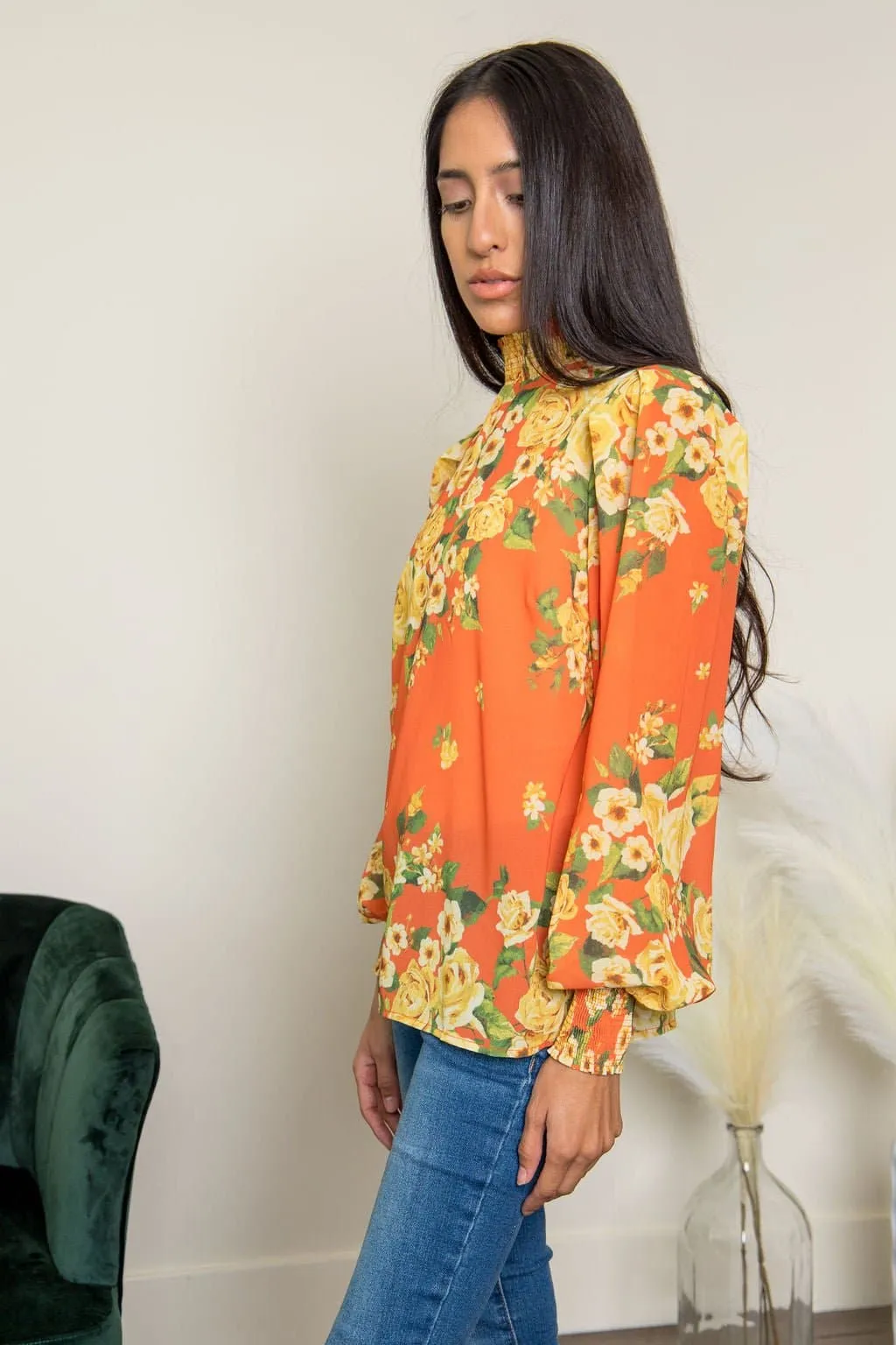 Floral Fantasy Mock Neck Blouse- Orange