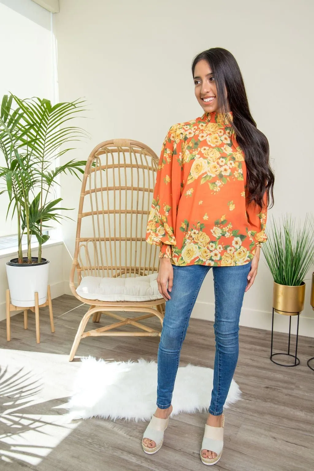 Floral Fantasy Mock Neck Blouse- Orange