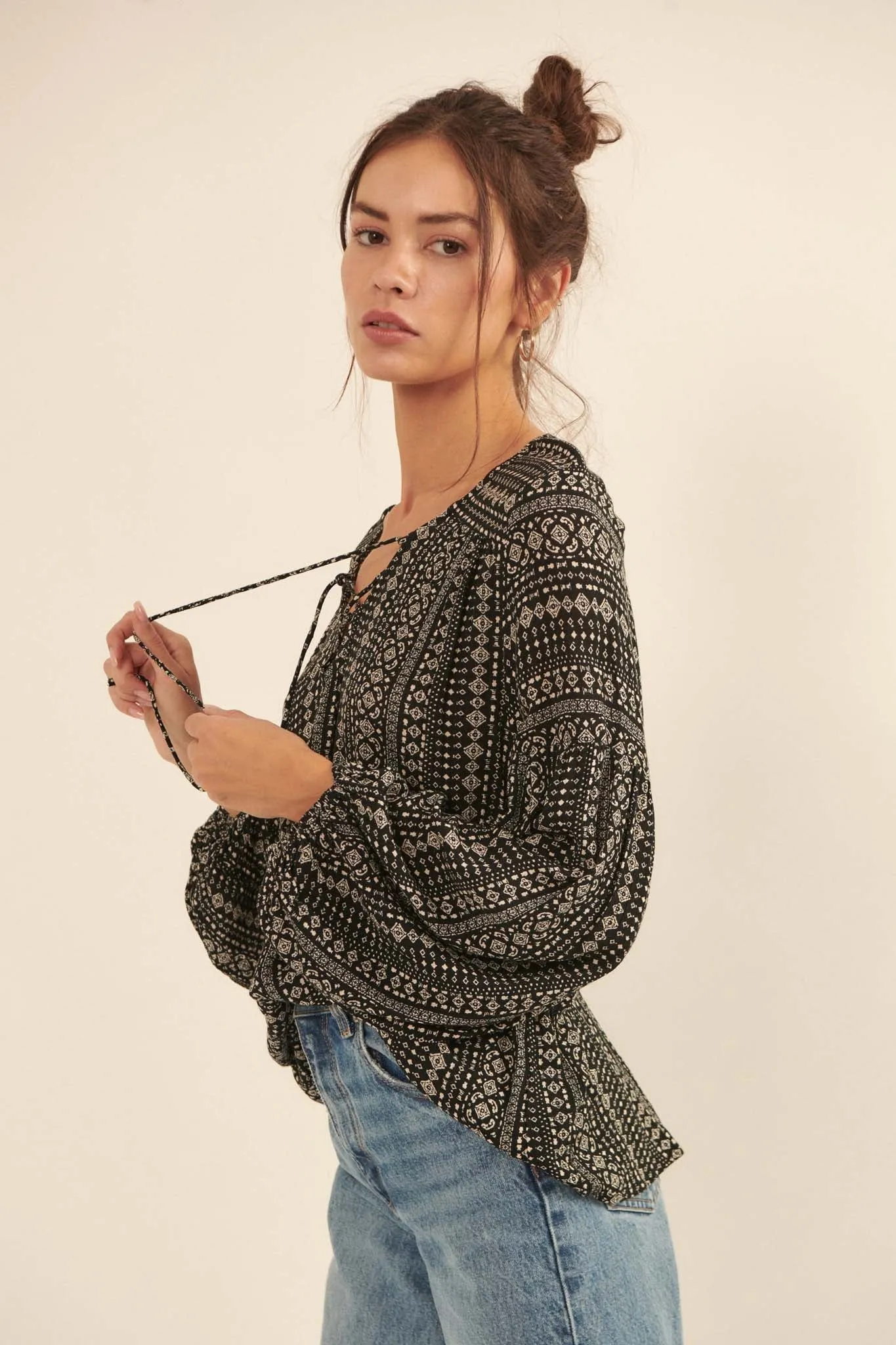 Going Global Geo-Print Lace-Up Peasant Top