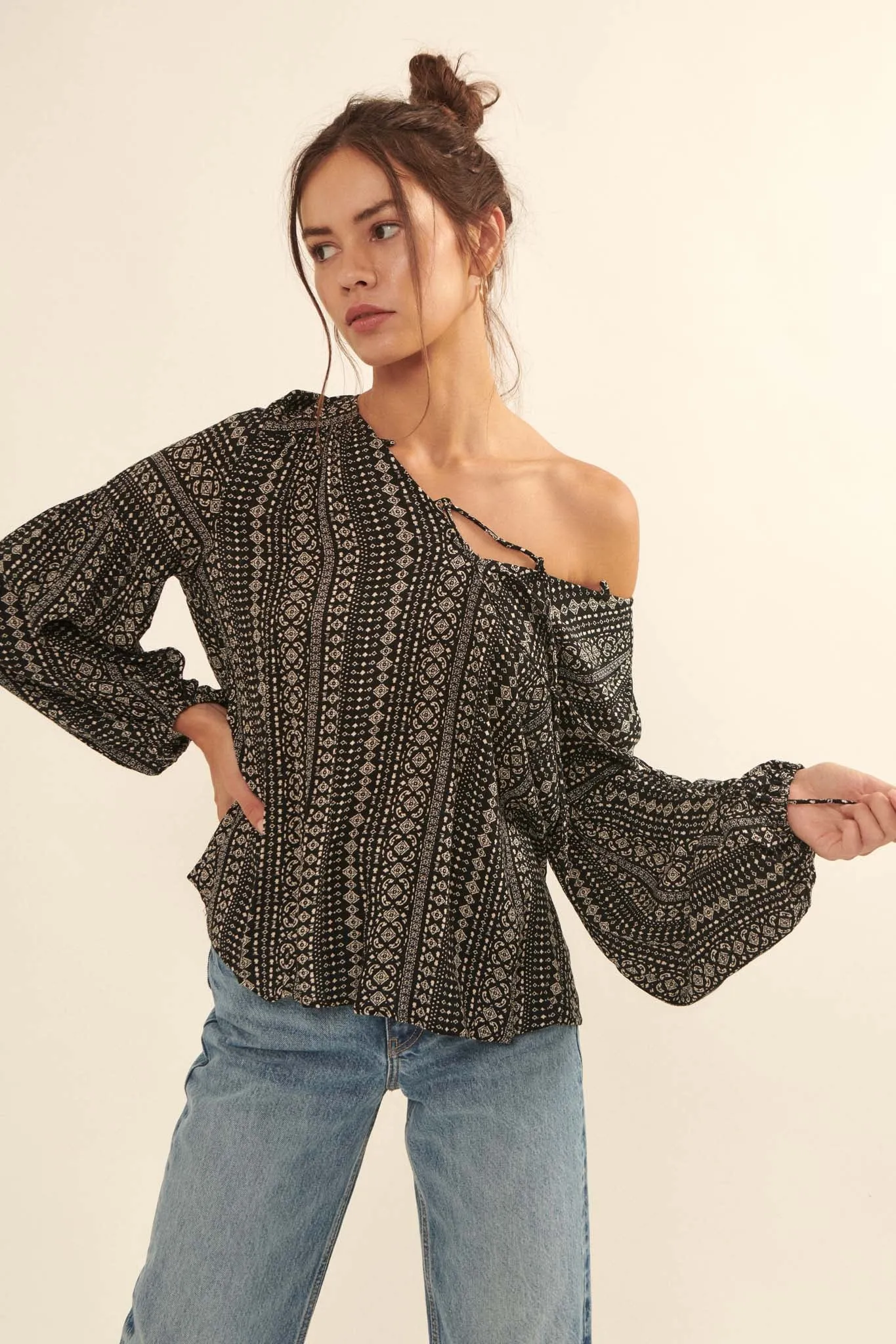 Going Global Geo-Print Lace-Up Peasant Top