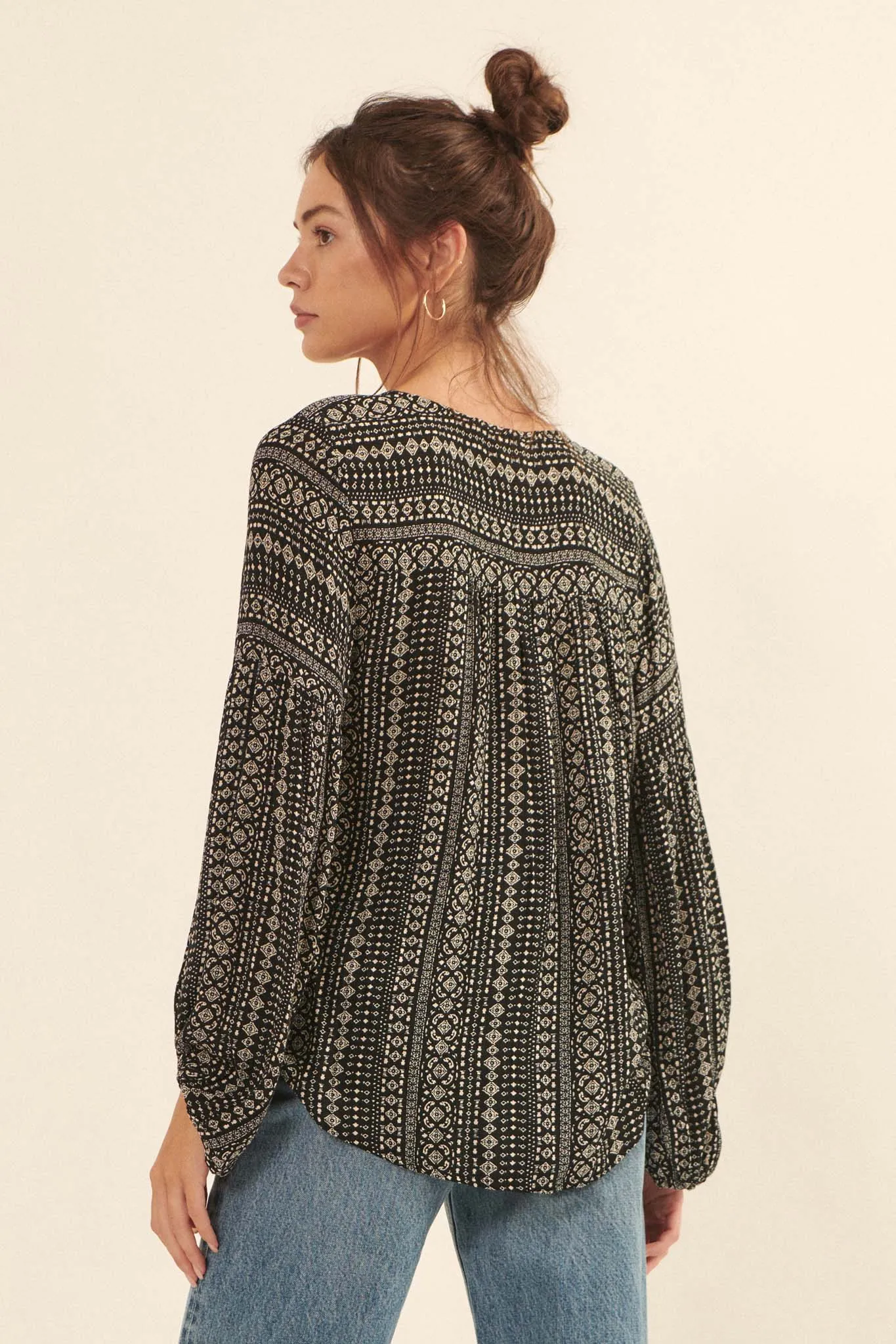 Going Global Geo-Print Lace-Up Peasant Top