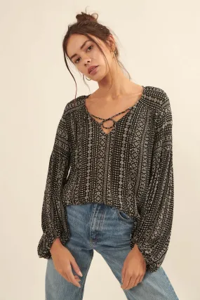 Going Global Geo-Print Lace-Up Peasant Top