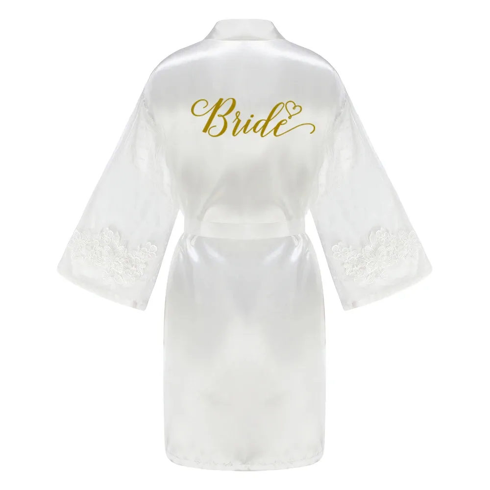 Green Bridesmaid Wedding Party Team Bride Robe With Gold Letters Lace Mesh Sleeve Kimono Satin Pajamas Mother Bathrobe