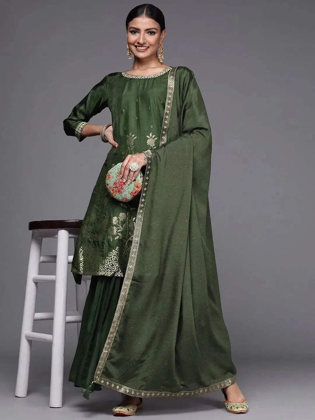 Green Brocade Silk Blend A-Line Kurta With Sharara & Dupatta