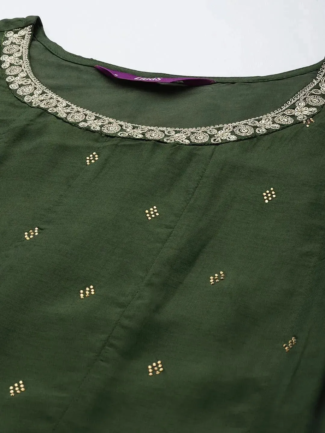 Green Brocade Silk Blend A-Line Kurta With Sharara & Dupatta