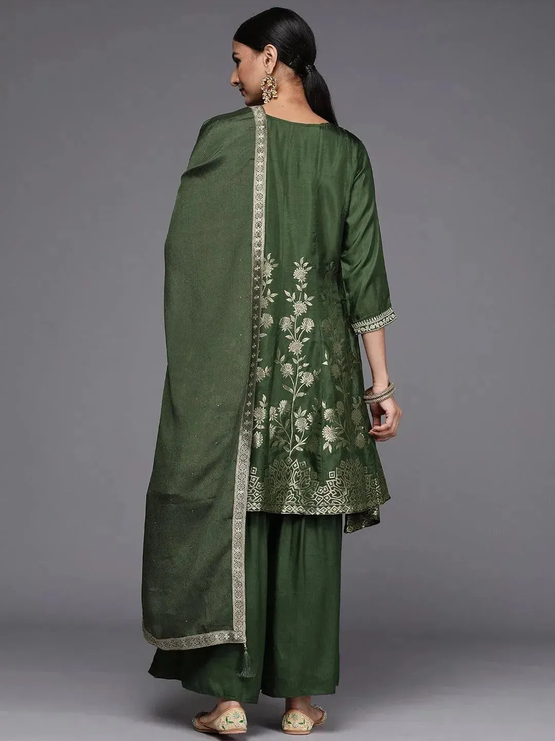 Green Brocade Silk Blend A-Line Kurta With Sharara & Dupatta