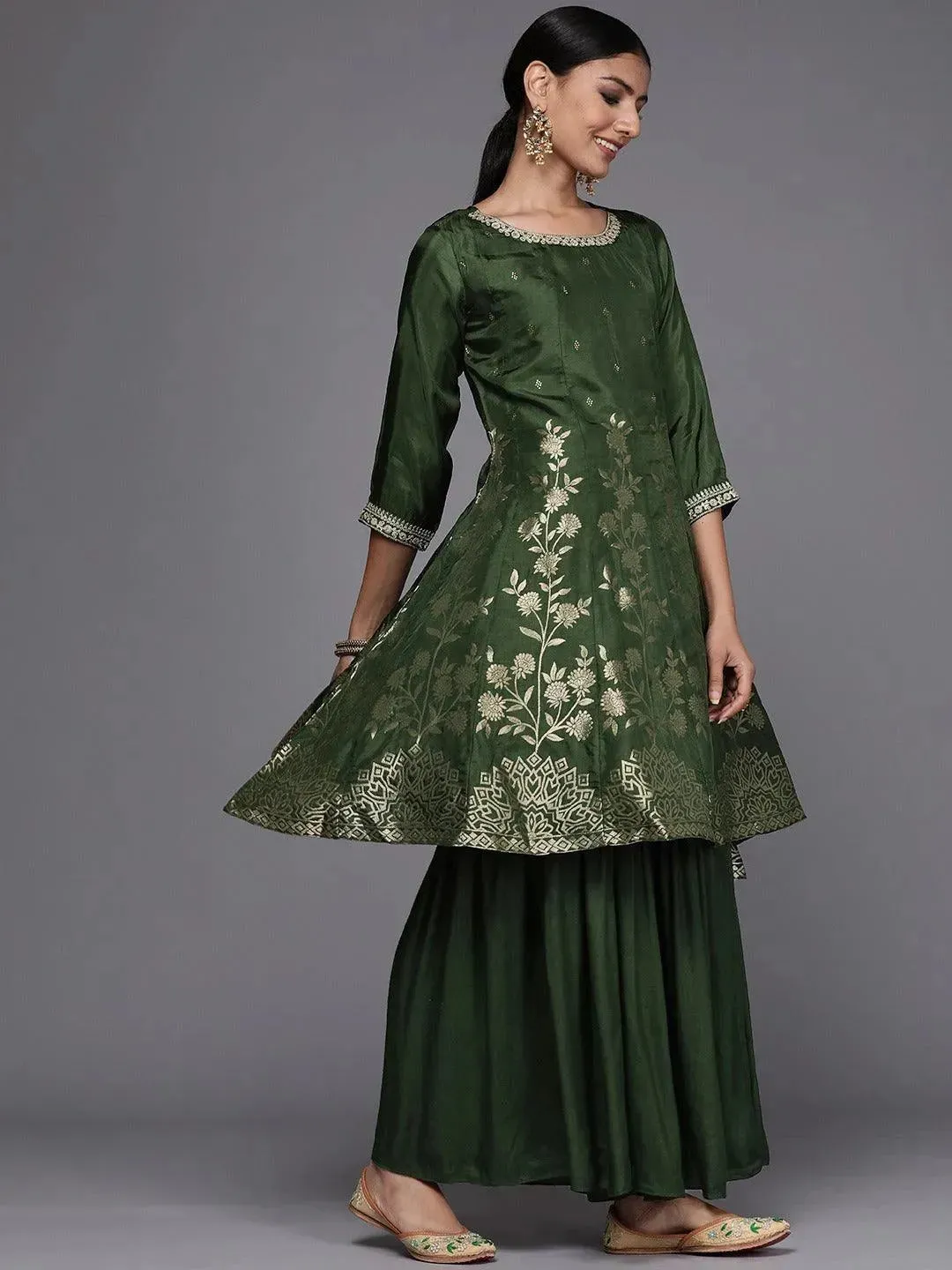 Green Brocade Silk Blend A-Line Kurta With Sharara & Dupatta