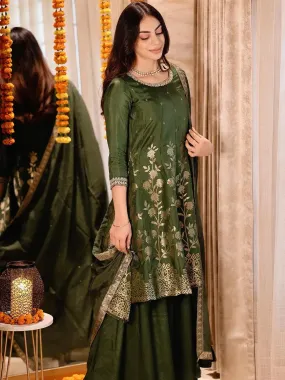 Green Brocade Silk Blend A-Line Kurta With Sharara & Dupatta