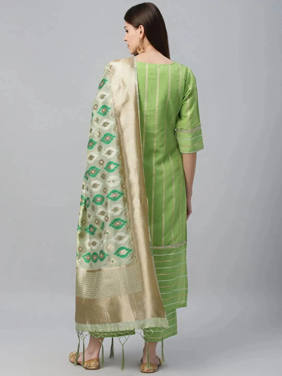 Green Striped Chanderi Silk Straight Kurta With Palazzos & Dupatta