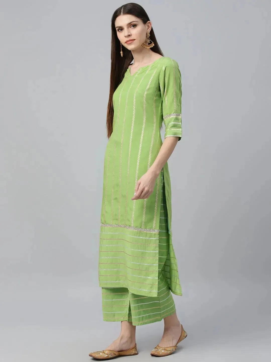 Green Striped Chanderi Silk Straight Kurta With Palazzos & Dupatta