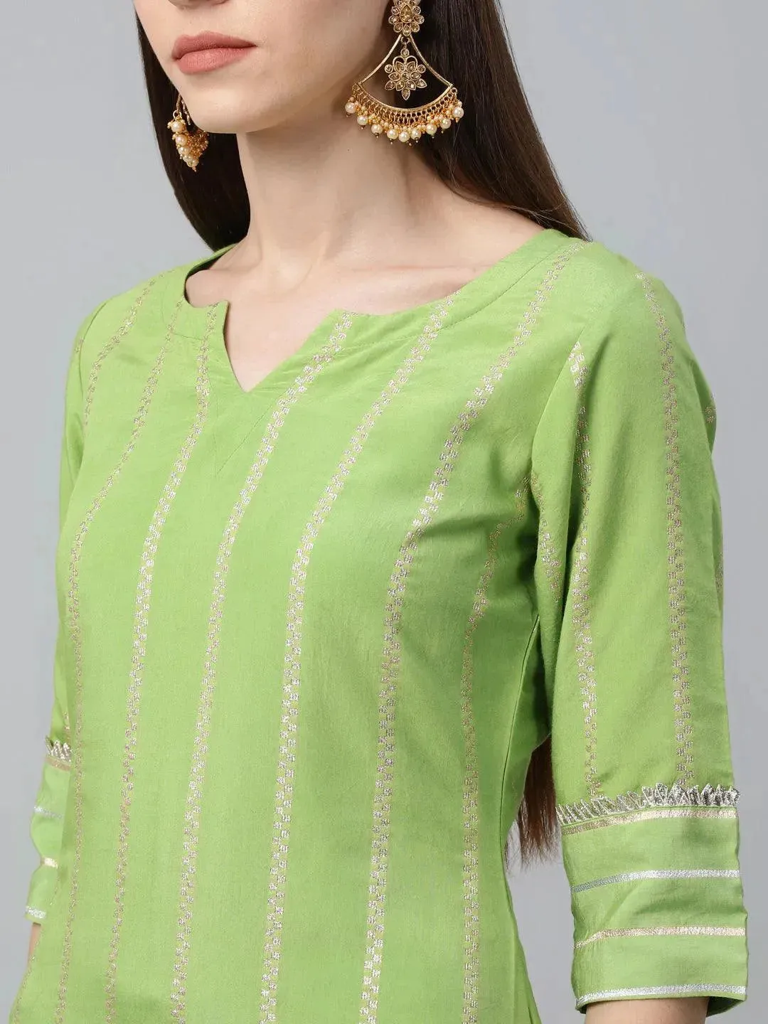 Green Striped Chanderi Silk Straight Kurta With Palazzos & Dupatta