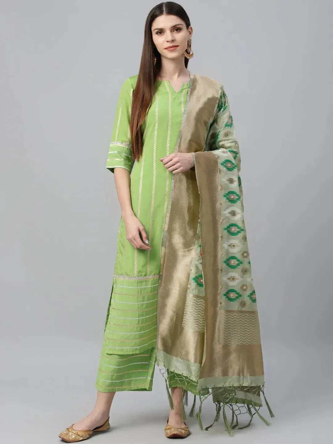 Green Striped Chanderi Silk Straight Kurta With Palazzos & Dupatta