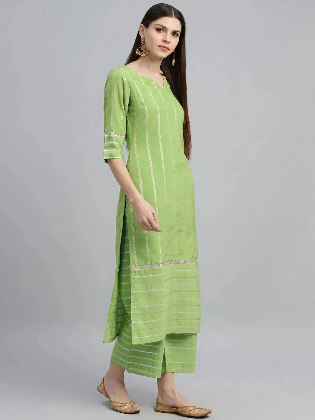 Green Striped Chanderi Silk Straight Kurta With Palazzos & Dupatta