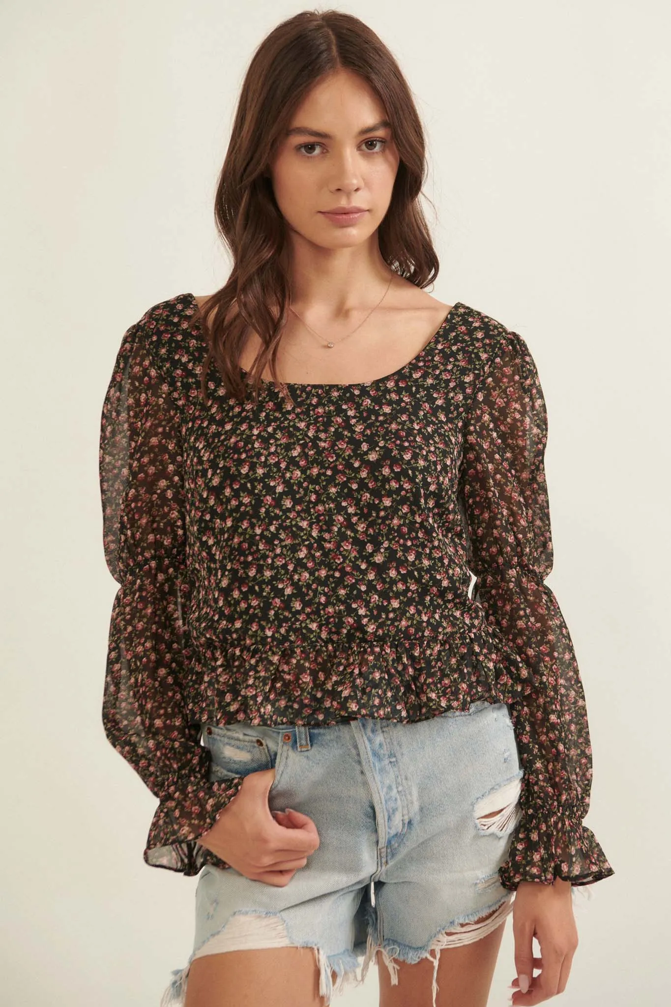 Grow Your Own Way Floral Chiffon Peasant Top