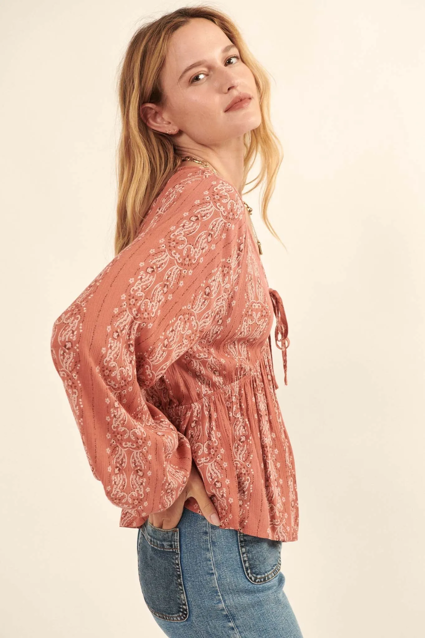 Homeward Bound Paisley-Print Peasant Top