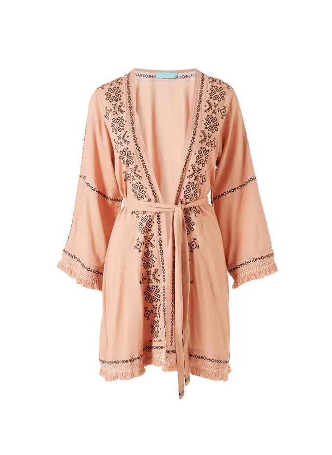 Kara Open Front Embroidered Fringed Short Kimono