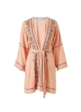 Kara Open Front Embroidered Fringed Short Kimono