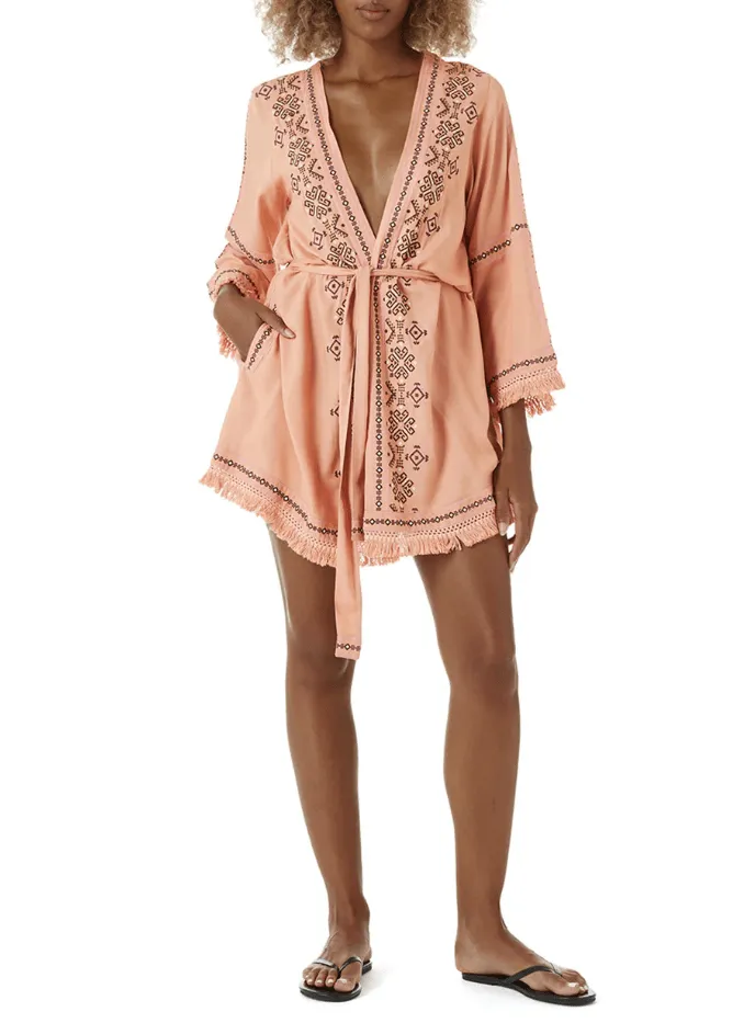 Kara Open Front Embroidered Fringed Short Kimono