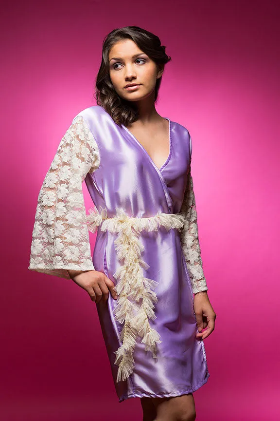 Lavender Satin Robe with full-length Lace Sleeves