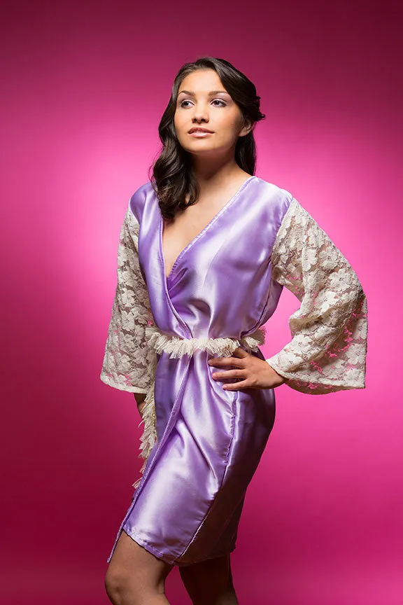 Lavender Satin Robe with full-length Lace Sleeves