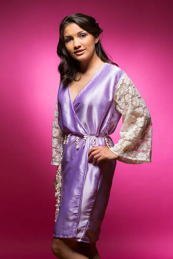 Lavender Satin Robe with full-length Lace Sleeves